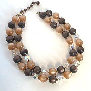 Vintage Lisner Chocolate & Caramel Moonglow Glass Bead Double Strand Necklace